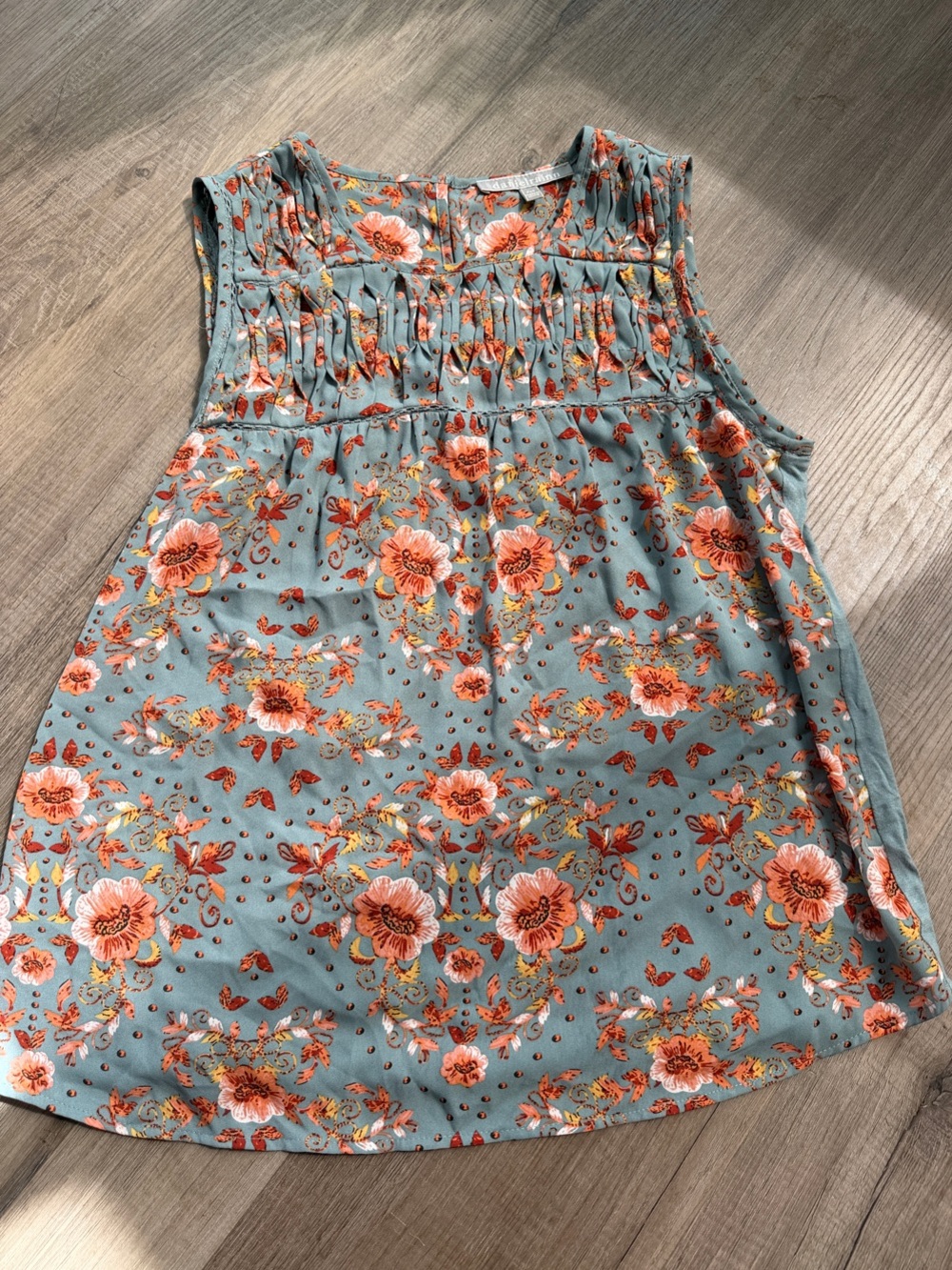 Daniel Rainn Dusty Blue Floral Sleeveless Top with Coral and Yellow Blooms